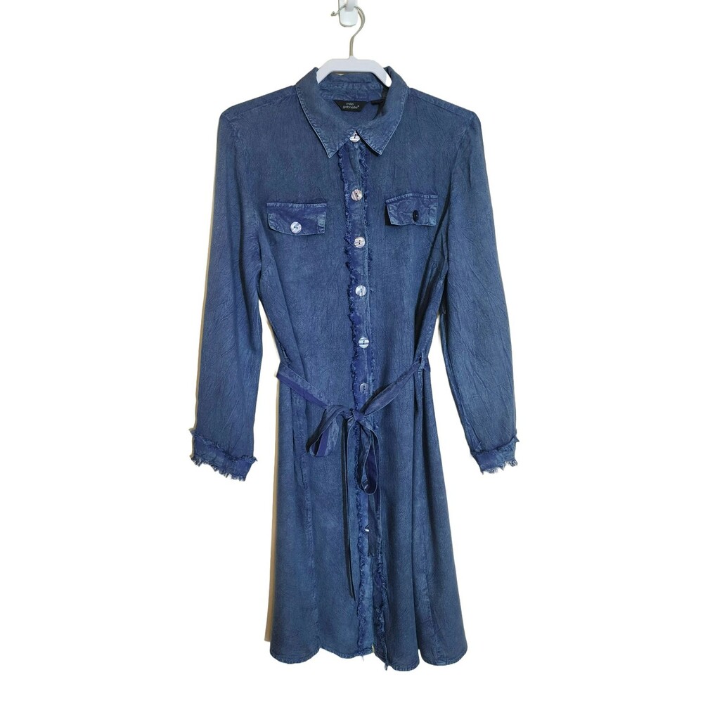 Mlle Gabrielle Shirt Dress Size M/L Blue Tie Dye Belted Unlined Fringe Casual